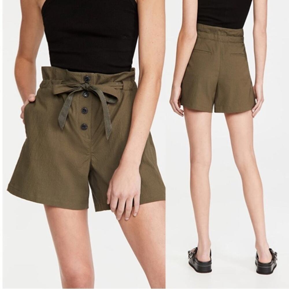 Rag & Bone Camille Seerksucker Paperbag Dark Olive Green Tie Waist Shorts 12